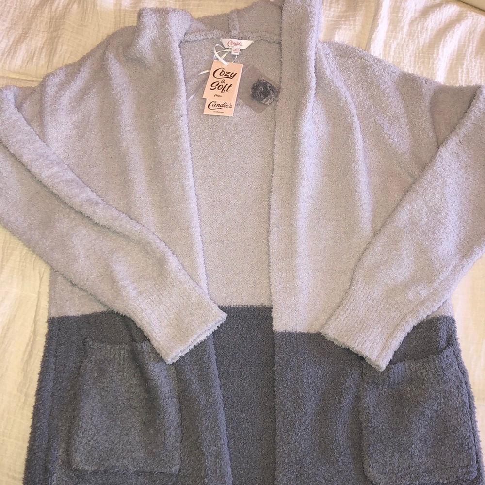 Two Toned Fuzzy Cardigan with Hood